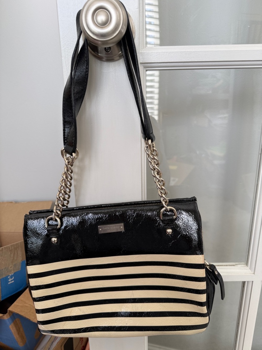 kate spade Black Patent and Cream Striped Chain Shoulder Bag